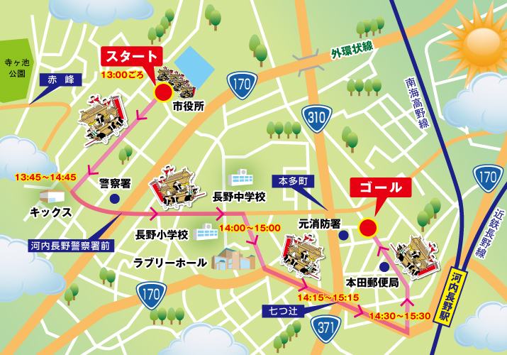 河内長野市市制施行60周年 祝賀地車パレード 曳行コースマップ 河内長野市市制施行60周年 祝賀地車パレード 曳行コースマップ